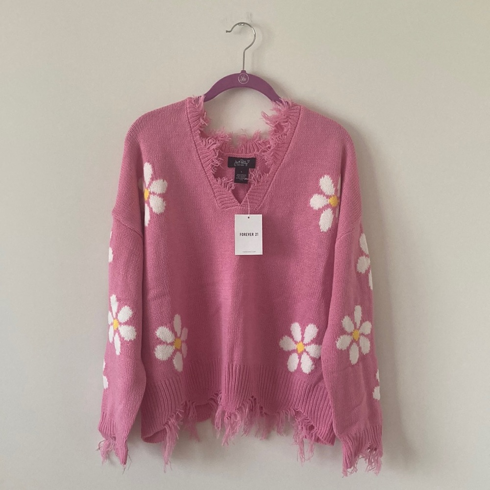 Forever 21 - Just Polly New York Distressed Pink Sweater Daisies
